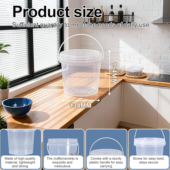 4 Pack 64oz Food Grade Plastic Buckets with Screw Lids & Handle, Reusable Storage Containers for Snacks, Salad, Sauce - Clear Freezer Safe Bucket Set - Image 6