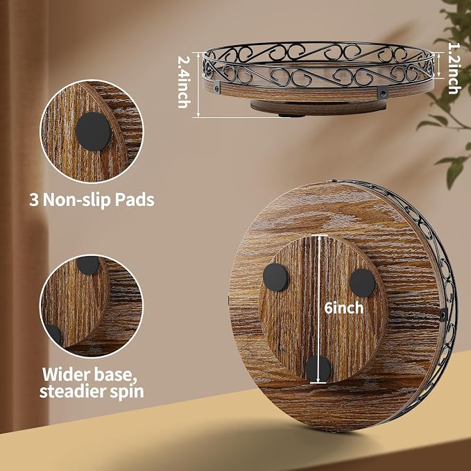 12" Lazy Susan Turntable Organizer for Table Top, Wood Lazy Susan Cabinet | Farmhouse Rotating Decor Tray for Dining Table, Pantry, Kitchen Countertop, Spice, Bathroom Vanity, Round Patterned Rim,Brown - Image 2