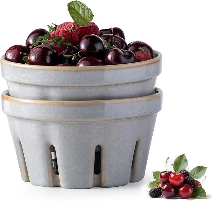 Gomakren Ceramic Berry Bowl Set of 2, Fruit Containers for Fridge, Gray | Drain Holes Keep Berries Fresh, Stackable, Wash & Serve | 5.8In Round Strawberry Grape Cherry Basket, Farmhouse Kitchen Decor by Gomakren
