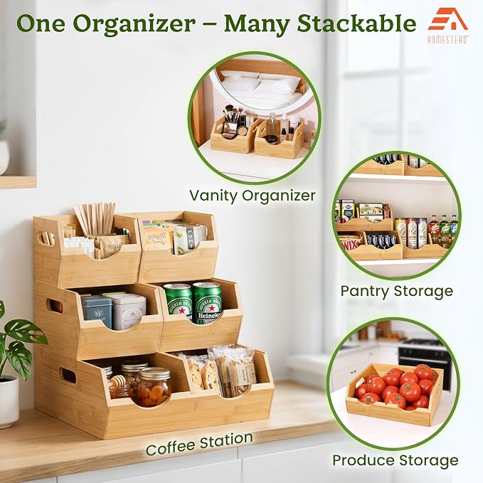 HOMESTEAD 3-Tier Bamboo Pantry Storage Bins – Stackable Potato & Onion Storage Bin with Handles, Fruit Basket & Produce Organizer for Kitchen Countertop, Pantry Organization, Set of 5 - Image 5
