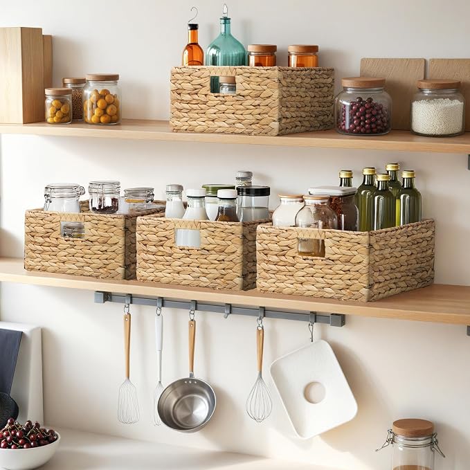 Rectangular Woven Hyacinth Wicker Pantry Storage Baskets, Set of 4 | 13.25"x9"x7", Natural, Iron Wire Frame - Image 2