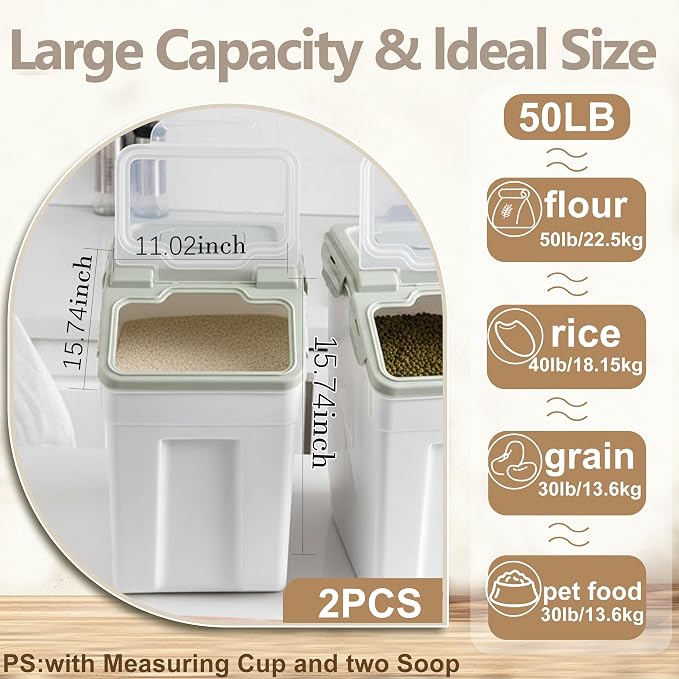 RUIAN 2Pcs Large Flour Storage Container Bin 50Lb Airtight Rice Storage Containers with Wheels Seal Locking Lid, BPA Free with Measuring Cup&Scoop for Flour, Rice, Grain 100LBS Total (Green) - Image 2