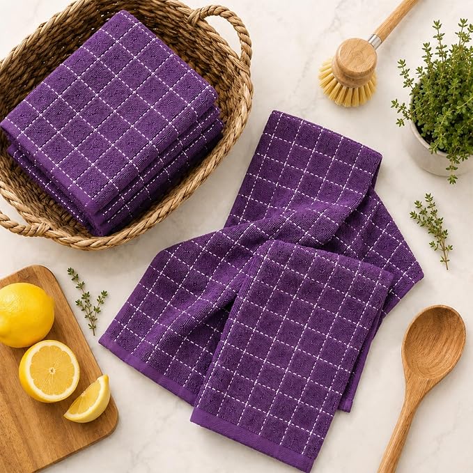 Kitinjoy 100% Cotton Terry Kitchen Towels, 13”x 28”, 8-Pack, Purple | Checkered Designed, Ultra Soft Absorbent Quick Drying Dish Towels - Image 9