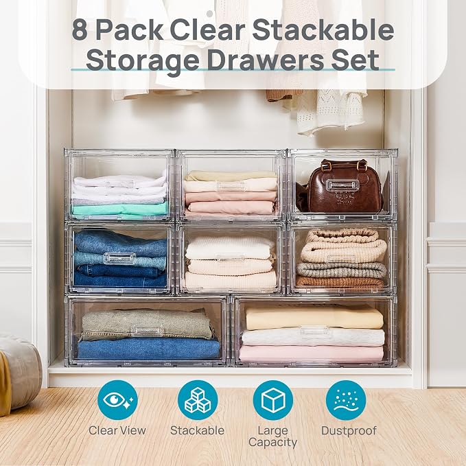 Vtopmart 8 Pack Large & Medium Stackable Storage Drawers Set | Easy Assembly Clear Plastic Storage Cabinet, Durable Dresser for Closet, Bedroom, Entryway, Playroom & Apartment Organization - Image 3
