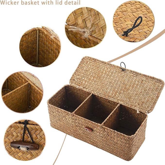 TOOSOAR® 2 Piece Wicker Storage Basket, Wicker Basket Lid with Lid, Rectangular Wicker Basket with Compartment for Organizing Snack Toys - Image 2