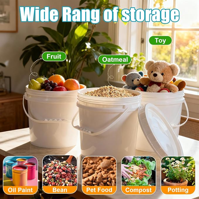 2.6 Gallon Plastic Bucket with Screw Lid 3 Pack - Food Grade Small Storage Bucket for Water, Food, Paint, Cleaning Supplies (BPA-Free, Stackable) - Image 7