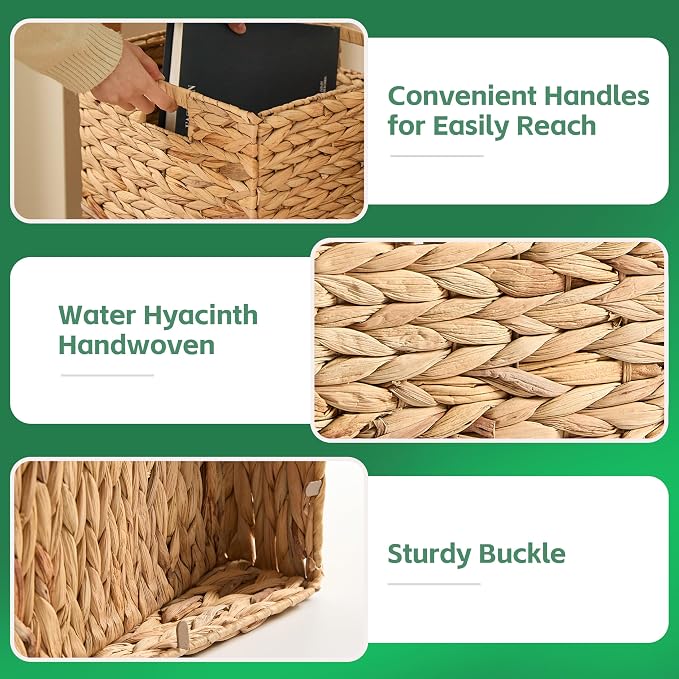 13x13x13 Wicker Storage Basket Set of 4, Water Hyacinth Woven Basket with Handles, Wicker Cube Storage Bins for Shelves, Foldable Square Storage Cubes for Living Room Bedroom Organizing, Natural - Image 3