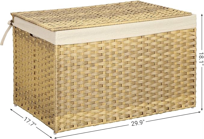 SONGMICS Storage Basket with Lid, Woven Blanket Storage Bin with Handles, Foldable, Removable Liner, Metal Frame, for Bedroom, Laundry Room, 42.3 Gallons (160 L), Natural URST76NL - Image 7