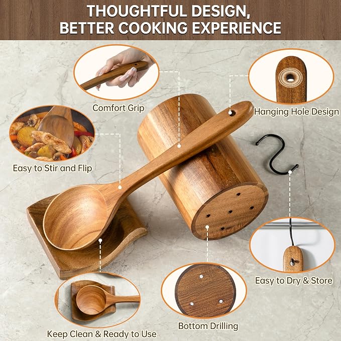 12 PCS Natural Acacia Wooden Utensil Set Wooden Spoons for Cooking | Non-Toxic, Nonstick Safe, Sturdy & Easy to Clean, Comes with Holder, Spoon Rest & 6 Hooks, Perfect Practical Kitchen Gift - Image 6