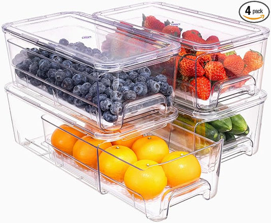 Large Fridge Organizer Drawers, 4 Pack Clear Pull-Out Refrigerator Organizer Bins, Stackable Fruit and Vegetable Storage Containers for Kitchen, Refrigerator, Pantry by MIUKAA