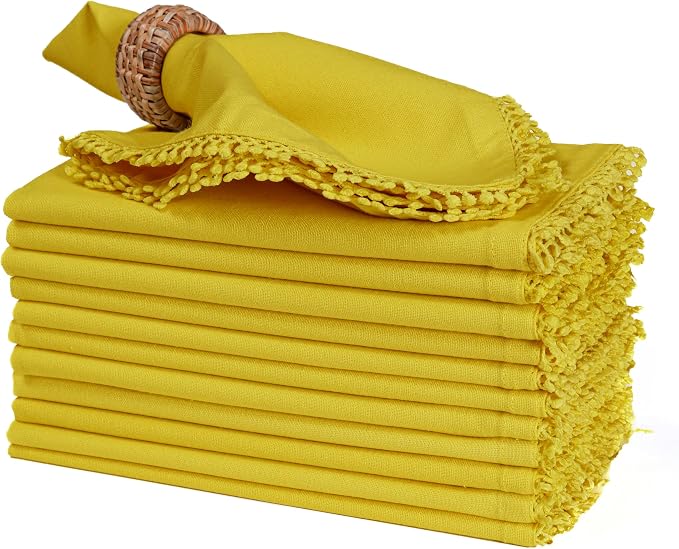 Bedding Craft Cotton Cloth Dinner Napkins Set of 12 – 18x18 Yellow with Decorative Lace Selvedge – Durable Machine Washable Fabric Napkins for Weddings, Baby Showers, Parties & Dining - Image 7
