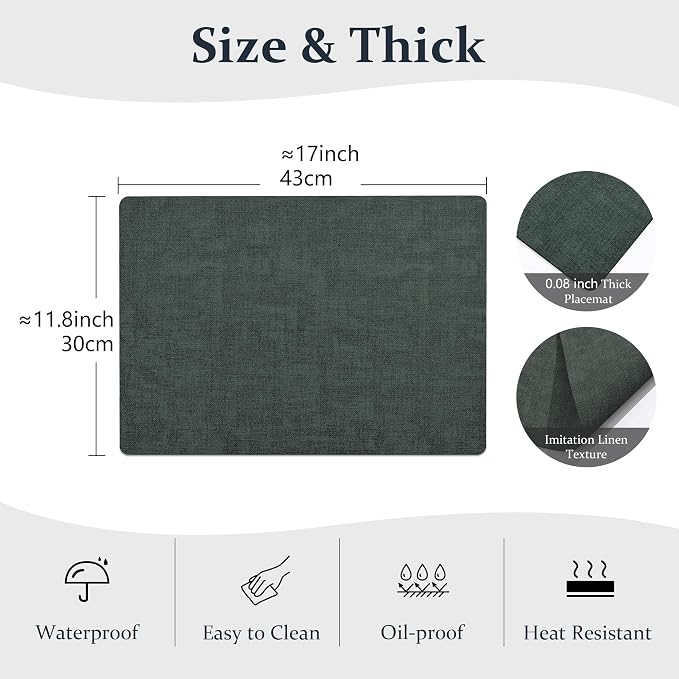 FROMHEART Faux Leather PU Placemats Set of 6 (Dark Green,11.8" x 17") | Waterproof,Heat/Oil Stain-Resistant Table Mat–Reversible,Non-Slip,Easy to Clean Place Mats for Kitchen,Dining,Indoor/Outdoor - Image 3