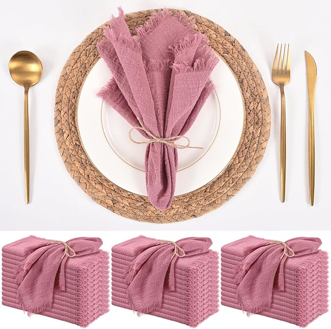 36 Pack Dusty Rose Cloth Napkins, 16 x 16 Inch Cotton with Fringe Settings | Handmade washable reusable cotton dinner napkins in bulk for weddings, parties, rustic boho table settings by FXKS