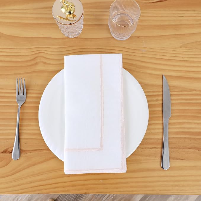 Majestic Giftware Set of 12 Polyester Napkins (NPK-PK) | White Pink Trim Design Dinner Napkins Cloth | Linen Look Washable Cloth Napkins Set for Weddings, Banquets, or Restaurants (20" x 20") by MajesticGiftware