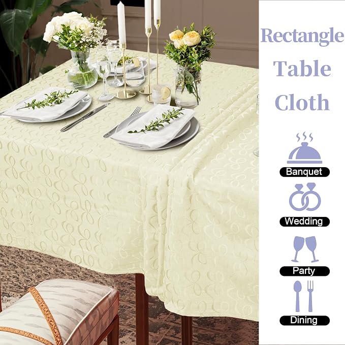 Cream Tablecloth (1PC, 60"x84"), Washable Tablecloth for 6ft Rectangle Tables (6-8 Seats) - Cotton Polyester, Wrinkle/Fade Resistant, Reusable Table Cover for Dining & Wedding, Beige Bows Jacquard - Image 5
