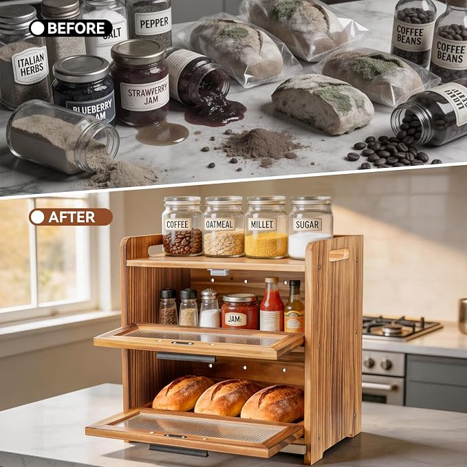 Bread Box for Kitchen Countertop, Large Wooden Breadbox with Cutting Board | Double Layer Bread Storage Container for Homemade Bread with Handles, Acrylic Window and Air Vents Keep Bread Fresh (Brown) - Image 8