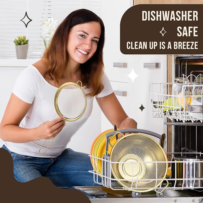 Norme 4 Quart Stainless Steel Gold Colander and 3 Pcs Gold Fine Mesh Strainer, Stainless Steel Pasta Rice Food Metal Strainer with Handles, Easy Clean and Dishwasher Safe - Image 6