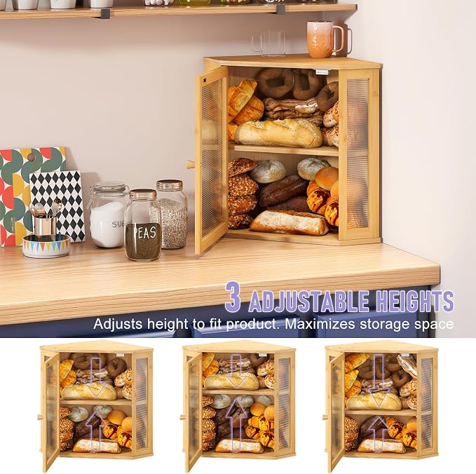 Corner Bread box for Kitchen Countertop,Farmhouse Bread Box with Acrylic Wavy Door Panel,Large Bread box for kitchen countertop,Food Storage Container (Natural, Extra Large) - Image 6