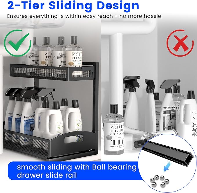Petiza Under Sink Organizer,2 Pack Height Adjustable Under Sink Organizers and Storage, 2 Tier Under Sink Storage for Kitchen Bathroom Cabinet - Image 3