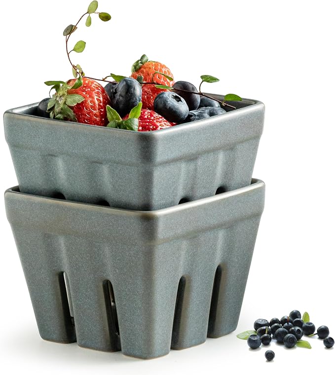 Gomakren Berry Bowl Set of 2, Ceramic Berry Basket, Square Fruit Bowls with Holes, Fruit Storage Containers for Kitchen Fridge, Cute Strawberry Basket for Berries, Grape, Cherry, Slate Blue by Gomakren