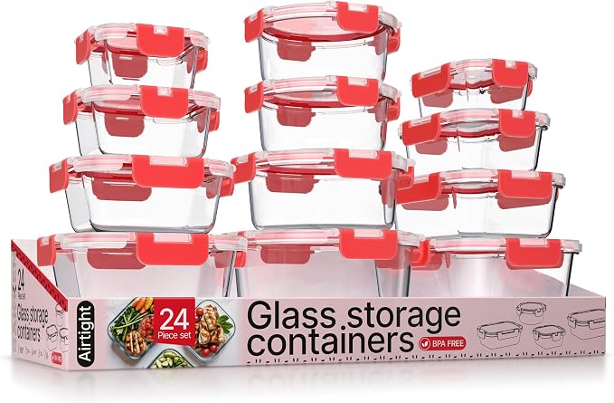Bakken Borosilicate Glass Food Storage Containers with Lids 24 Pieces, BPA-Free Stackable Lunch & Leftover Containers, Microwave, Freezer & Dishwasher Safe, 100% Airtight Leak-Proof, Red by BAKK%C3%8BNMASTER