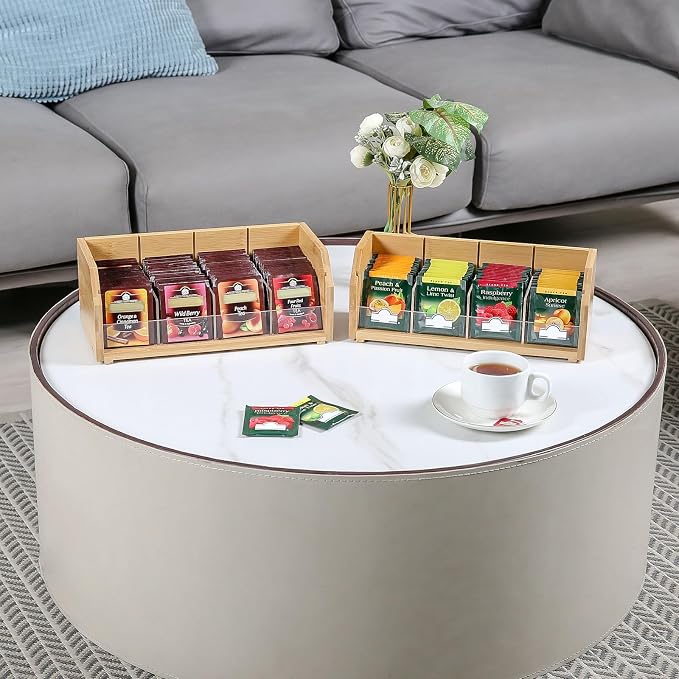 2-Layer Stackable Bamboo Tea Bag Organizer Storage Holder, Natural | Holds 150 tea bags, Removable Compartments, Wood, Acrylic dividers, 12.2 x 5.9 x 9.25 in, for Cabinet, Countertop, Office - Image 2