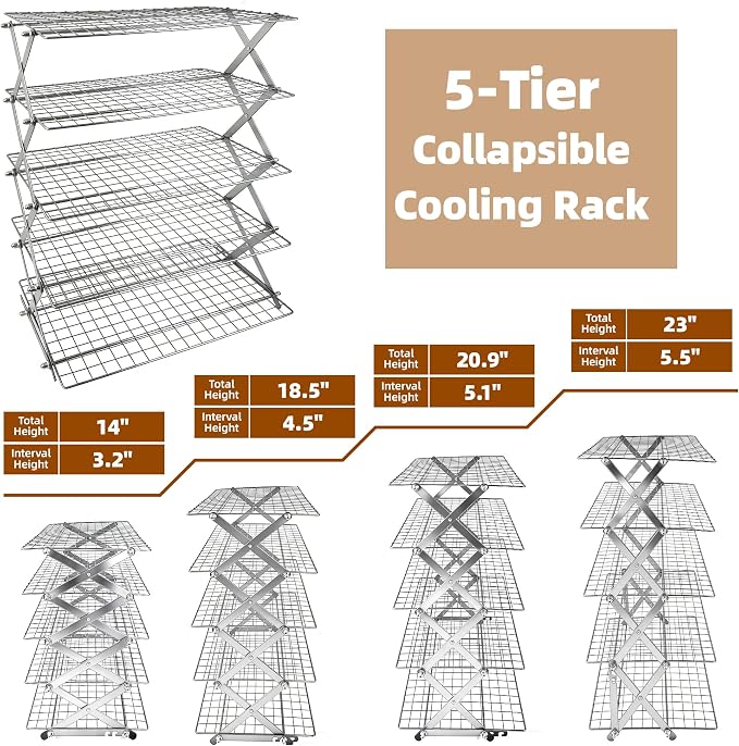 5 Tier Collapsible Cooling Rack Sourdough Cooling Rack 17"x10" | Cooling Racks for Cooking and Baking, Roasting, Grilling, Adjustable 6 Setting Design stackable, Oven & Dishwasher Safe - Image 3