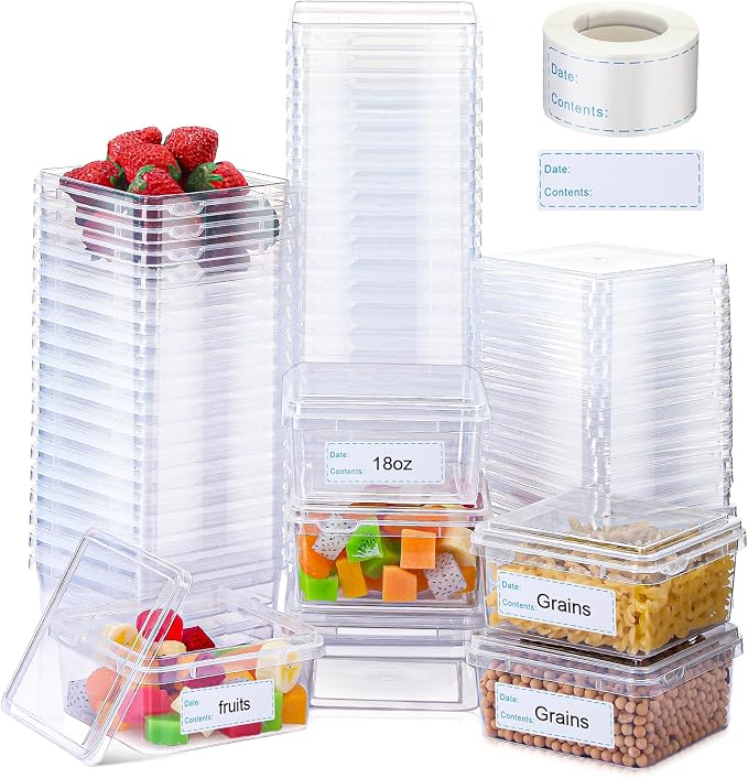 18 oz 50 Pack Small Square Deli Containers with Lids Plastic Freezer Food Reusable Meal Dessert Ice Cream Containers with Labels for Takeout Meal Storage Microwave Freezer Safe(Clear) by Blushtier
