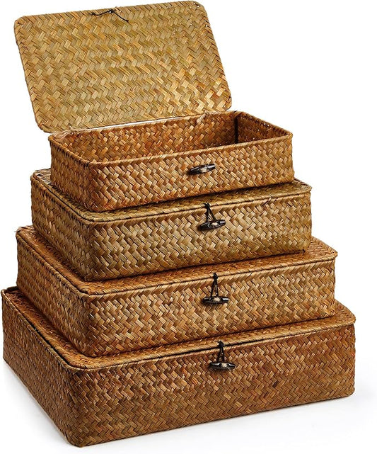 Didaey Set of 4 Seagrass Basket with Lid Wicker Storage Basket Decorative Storage Boxes with Lids Flat Storage Bins Woven Organizer Baskets for Shelf Closet Bedroom, 4 Sizes (Brown) by Didaey