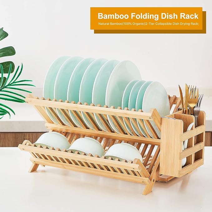 Bamboo Dish Drying Rack, 3 Tier Collapsible Wooden Dish Drainer Rack with Utensil Holder, Plate Rack for Kitchen Counter, Large Folding Drying Holder 51 pcs Grid - Image 6