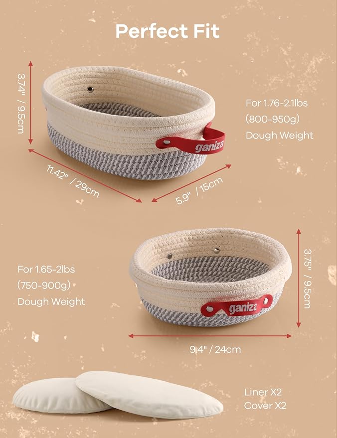 Ganiza 22-Piece Sourdough Proofing Basket Gift Set, Natural Cotton Rope | 9'' Round & 10'' Oval Banneton Basket with Liners & Covers, Easy to Clean, Sourdough Starter Kit with Recipe for Bread Baker - Image 5