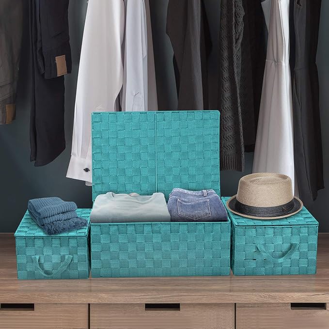 Sorbus Set of 3 Hand-Woven Storage Baskets with Lids (Aqua) – Mesh Bins for Closet, Shelf, or Pantry Organization – Variety Pack for Home and Office Storage - Image 4
