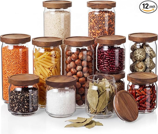 SiliFine 12 Set Glass Pantry Storage Jar with Acacia Airtight Lid 3 Size Glass Storage Container Jar for Pasta Spaghetti Cereal Coffee Bean Flour Sugar Rice, 17oz, 35oz, 53oz (Wood Lid) by SiliFine