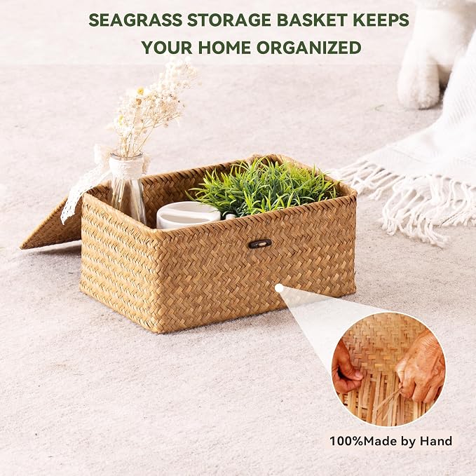 Nonam Storage Basket with Lid, Natural Seagrass Bin with Lid Set of 3, Shelf Baskets Multipurpose Container for Boho Decoration, Rectangular Household Storage Boxes for Home Organization-Natural - Image 5