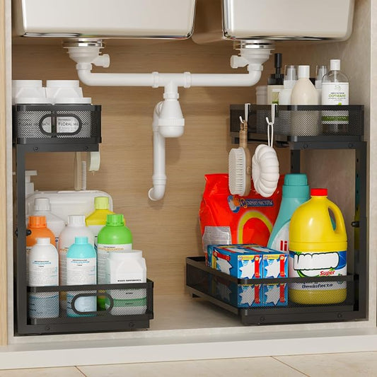 Under Sink Organizer 1 Pack, 2-Tier Slide Out Cabinet Organizer with Metal Sliding Drawer and Hooks, Pull Out Storage Baskets for Kitchen Bathroom Pantry Cabinet Organization (Black (1 pack)) by Unknown