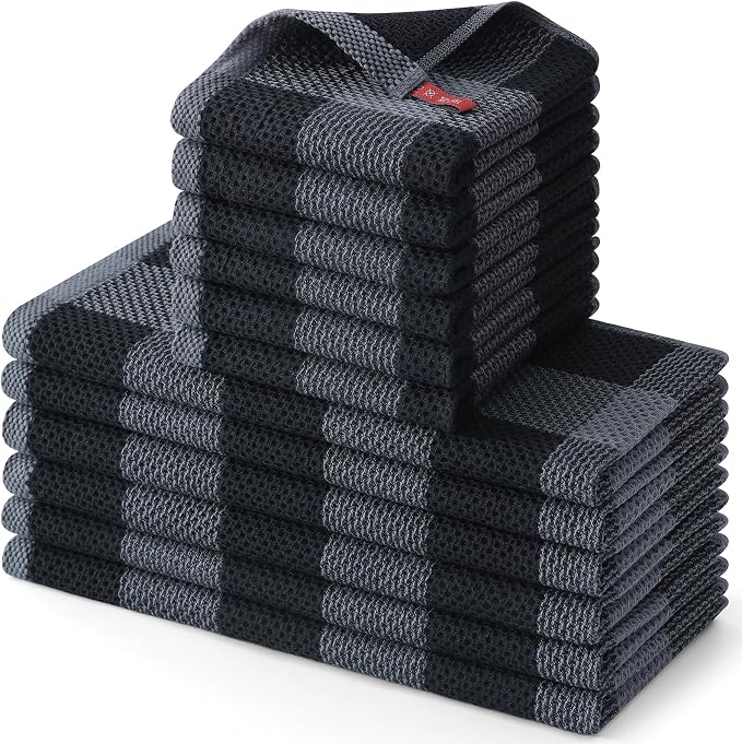 Homaxy Kitchen Towels and Dishcloths Set, Set of 12, Black & Grey | Bulk Cotton Waffle Weave Check Plaid Kitchen Towels, Super Soft and Absorbent Dish Cloths, 12 x 12 and 13 x 28 Inches by Homaxy