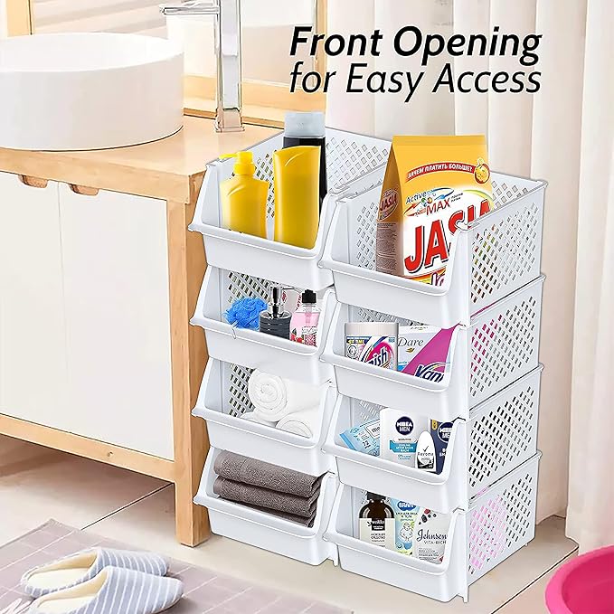 Skywin Stackable Storage Bins Open Front for Pantry Storage, 4 Pack - White | Sturdy Plastic, Easy Stacking, Open Front Access, Ventilated Sides, Vertical & Space Saving Pantry Organizers and Storage Bin - Image 4