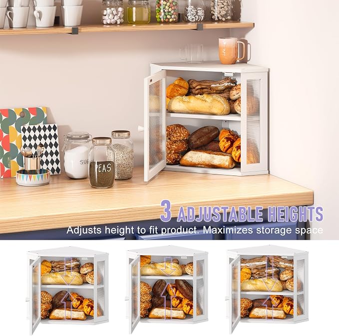 Corner Bread box for Kitchen Countertop,Farmhouse Bread Box with Acrylic Wavy Door Panel,Large Bread box for kitchen countertop,Kitchen Countertop Food Storage Container (White, Meduim) - Image 6