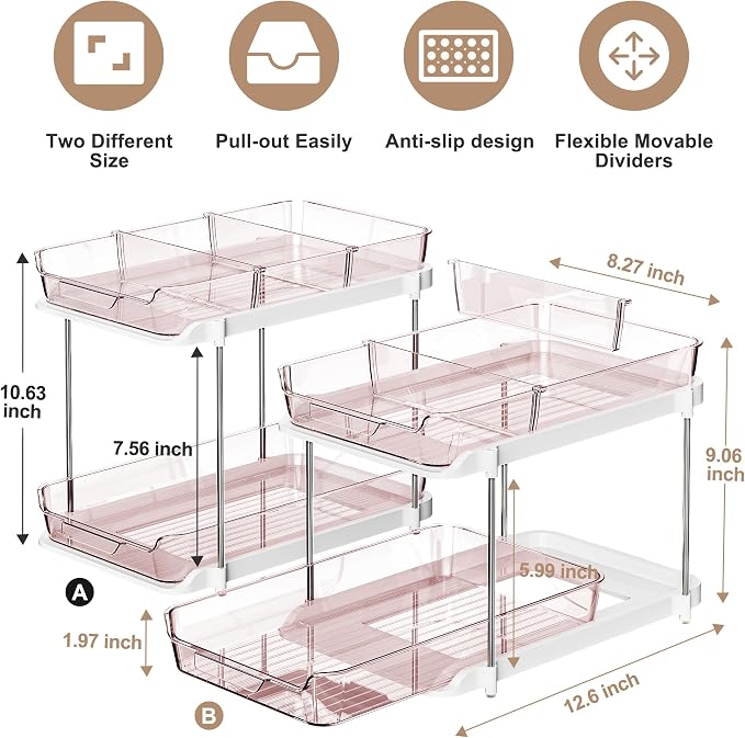Delamu 2-Tier Multi-Purpose Bathroom Under Sink Organizers and Storage, Stackable Kitchen Pantry Organization, Pull Out Medicine Cabinet Organizer with Movable Dividers, Light Pink, 2 Pack - Image 2