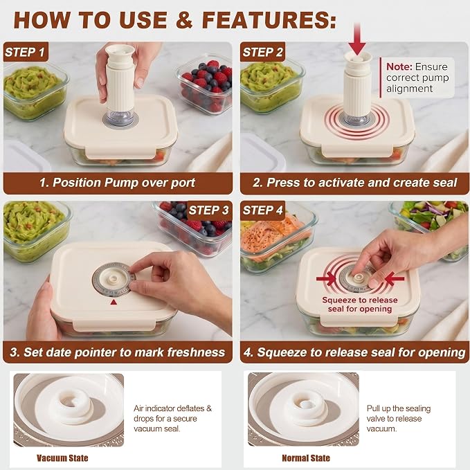 Glass Vacuum Food Storage Containers Set, 4 Pack 21 Oz 2-Compartment Meal Prep Bento Boxes with Handheld Vacuum Pump & 10 Reusable Sealer Bags for Kitchen Organization, Oven/Microwave Safe - Image 3