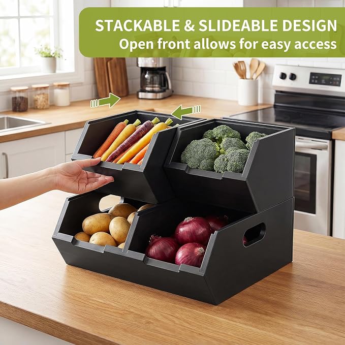 Bamboo Pantry Storage Bins Set, Potato and Onion Storage Bin for Countertop | Open Front Storage Bins, Large Capacity, Stackable Design, Cut-out Handles, FSC-certified Bamboo, No Assembly, Black - Image 5