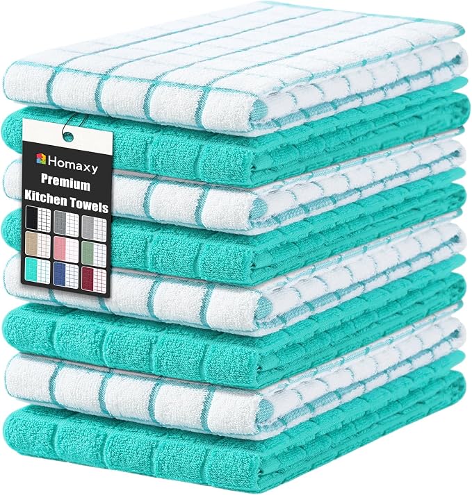 Homaxy Large Premium Cotton Kitchen Towels 16"x 28", 8 Pack, Aqua | Natural Ring Spun 390 GSM Dish Towels, Super Absorbent Terry Kitchen Hand Towels, Soft Tea Towels with Hanging Loop by Homaxy