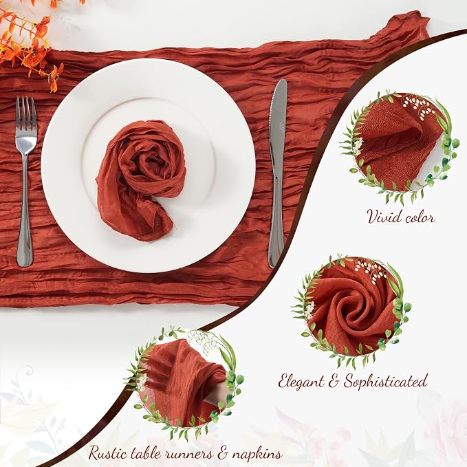 60PCS Terracotta Cheesecloth Napkins and 6PCS Table Runners Set, 19.69x19.69inch Rustic Wedding Napkins and 35x118inch Gauze Table Runner for Wedding Party Boho Table Decor - Image 3