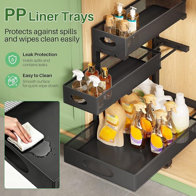 Kitstorack Under Sink Organizer 3-Tier Slide Out Drawer 2-Pack Black | Height Adjustable, Metal Mesh Storage Rack, Pull out Cabinet Organizer Shelf for Bathroom Kitchen Pantry Home Organization - Image 8