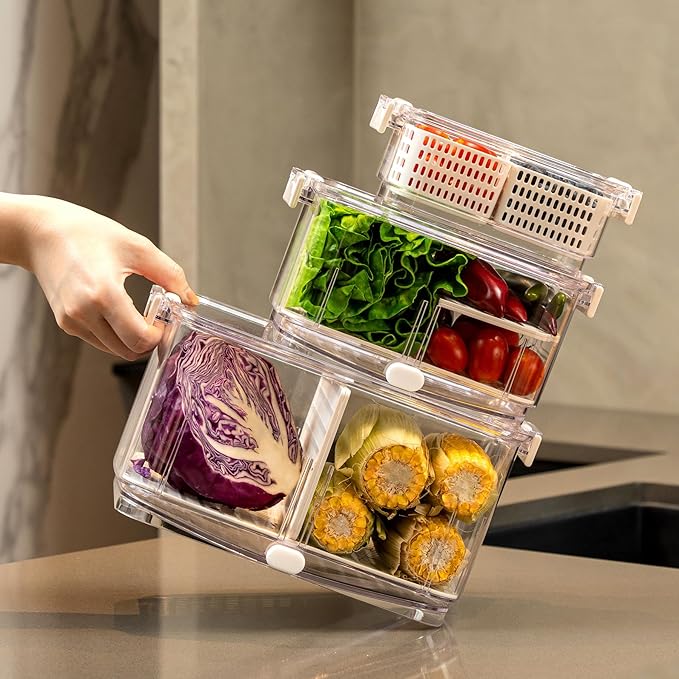 Felli Duo Fresh Produce Saver for Fridge, Fruit Vegetable Container with Vent & Drainage in Bottom for Wash, Colander Strainer Storage Bin for Refrigerator, Berry Lettuce Keeper - Image 2