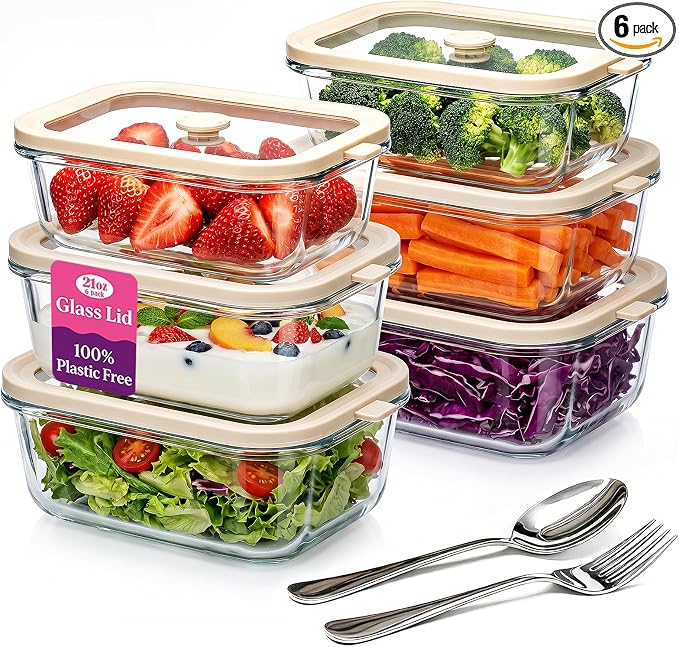 21 oz Glass Meal Prep Containers with Glass Lids, 6 Pack | Airtight Glass Glass Food Storage Containers, Non Toxic Glass Lunch Containers for Leftovers, Microwave, Oven, Freezer by Encheng