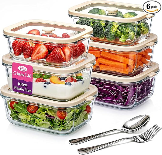 21 oz Glass Meal Prep Containers with Glass Lids, 6 Pack | Airtight Glass Glass Food Storage Containers, Non Toxic Glass Lunch Containers for Leftovers, Microwave, Oven, Freezer by Encheng