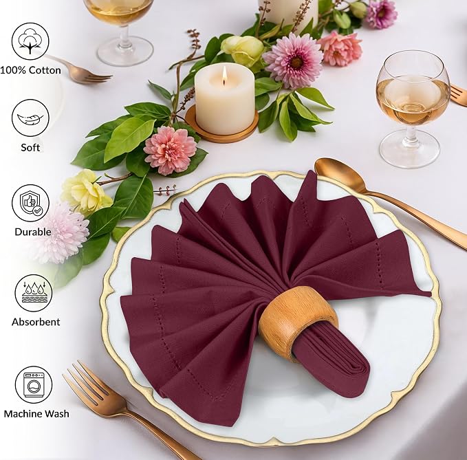 Ruvanti Cloth Napkins Set of 12, 100% Cotton High GSM 18x18 Inches, Hem Stitched Corners, Soft, Washable, Highly Durable & Absorbent, Perfect for Parties, Christmas, Thanksgiving Dinners – Burgundy - Image 3