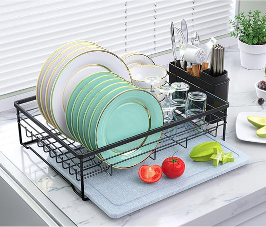 VABNEER Dish Drying Rack with Stone Drying Mat, Quick-Drying/Stainless/Super Sturdy/Space-Saving, Dish Strainers for Kitchen Counter, Escurridor de Trastes para Cocina (Black) | Quick-drying stone mat, sturdy stainless steel frame and space-saving desi... by VABNEER