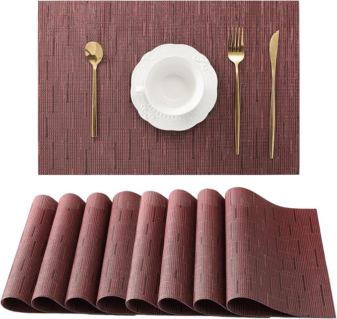 Leetaltree Burgundy Placemats Set of 8 - Heat Resistant Non-Slip Place mats for Dining Table, Washable Durable PVC Vinyl Woven Table Mats（Burgundy, 8） by Leetaltree-ArtatEveryTable